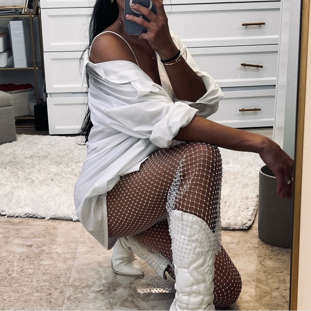 White Rhinestone Fishnet Tights / Stockings - Picture 4 of 7